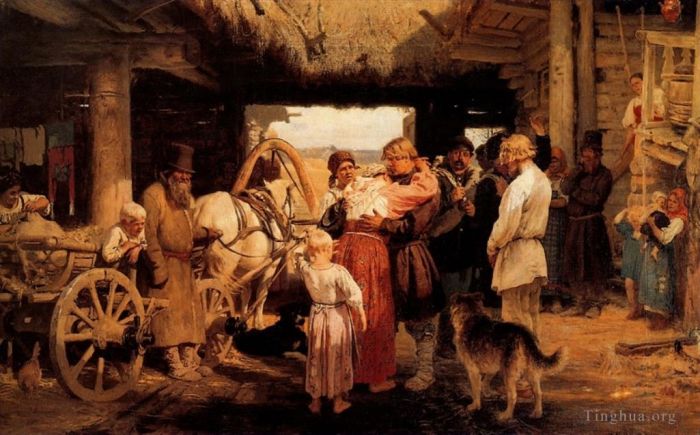 llya Yefimovich Repin Oil Painting - Send off of recruit 1879