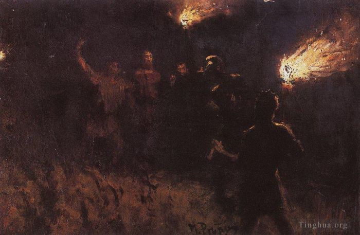 llya Yefimovich Repin Oil Painting - Taking christ into custody 1886