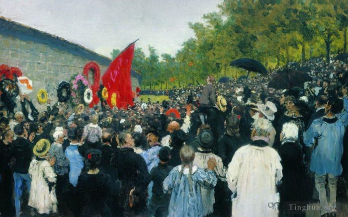 llya Yefimovich Repin Oil Painting - The annual memorial meeting near the wall of the communards in the cemetery of pere lachaise in 1883