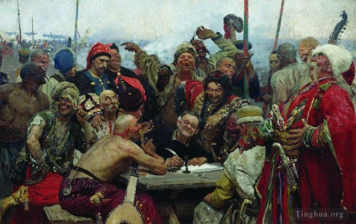 llya Yefimovich Repin Oil Painting - The reply of the zaporozhian cossacks to sultan mahmoud iv 1896
