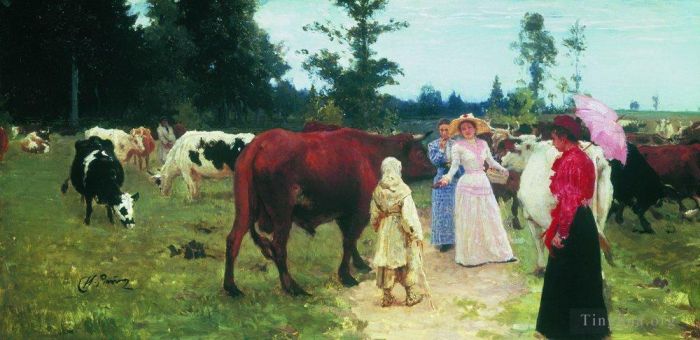 llya Yefimovich Repin Oil Painting - Young ladys walk among herd of cow