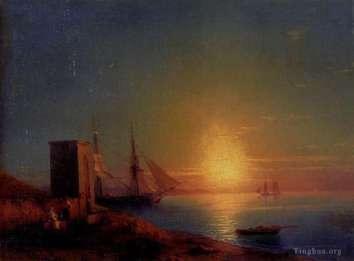 Ivan Konstantinovich Aivazovsky Oil Painting - Figures In A Coastal Landscape At Sunset