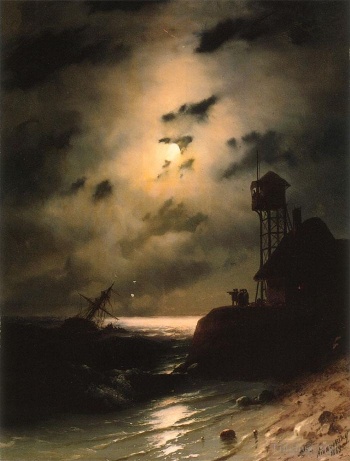 Ivan Konstantinovich Aivazovsky Oil Painting - Moonlit seascape boat With Shipwreck