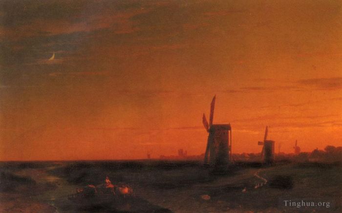 Ivan Konstantinovich Aivazovsky Oil Painting - Landscape With Windmills