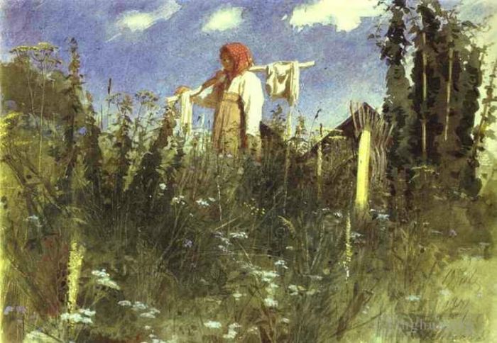 Ivan Kramskoi Oil Painting - Girl with Washed Linen on the Yoke