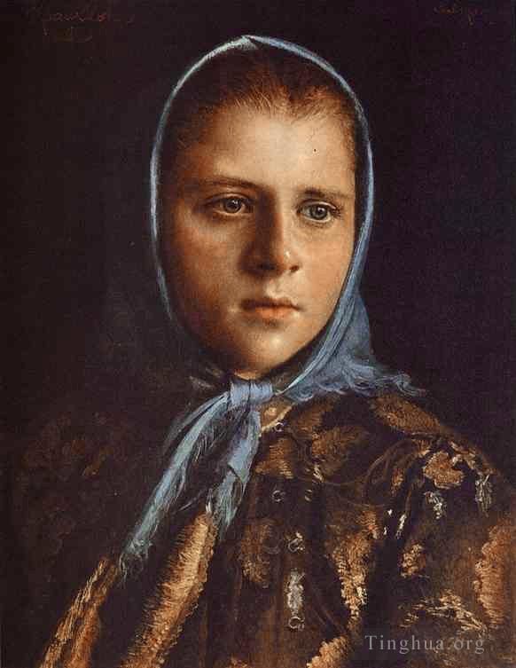 Ivan Kramskoi Oil Painting - Russian Girl in a Blue Shawl