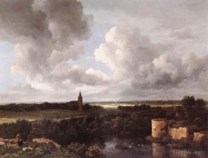Artist Jacob van Ruisdael's Work - An Extensive Landscape With A Ruined Castle And A Village Church