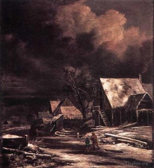 Artist Jacob van Ruisdael's Work - Village At Winter At Moonlight
