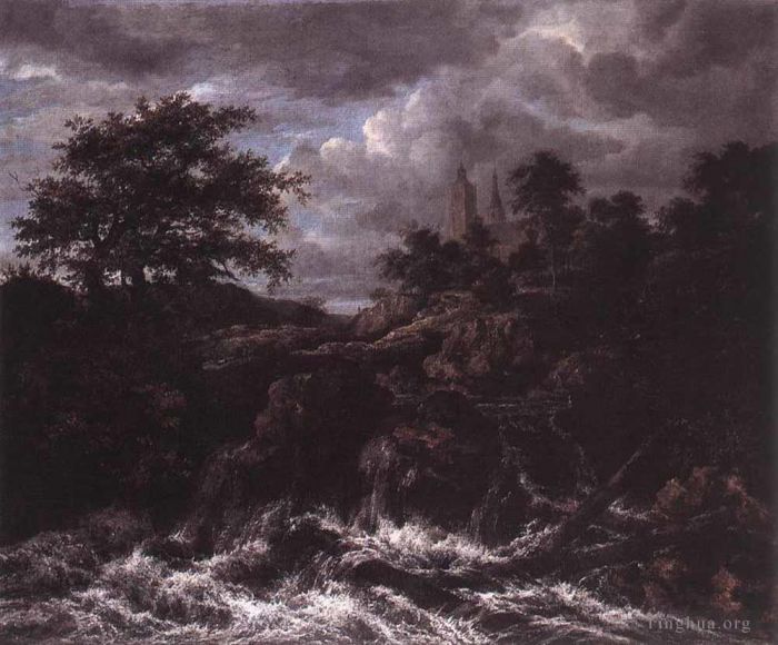 Jacob van Ruisdael Oil Painting - Waterfall By A Church