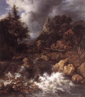 Artist Jacob van Ruisdael's Work - Waterfall In A Mountainous Northern Landscape