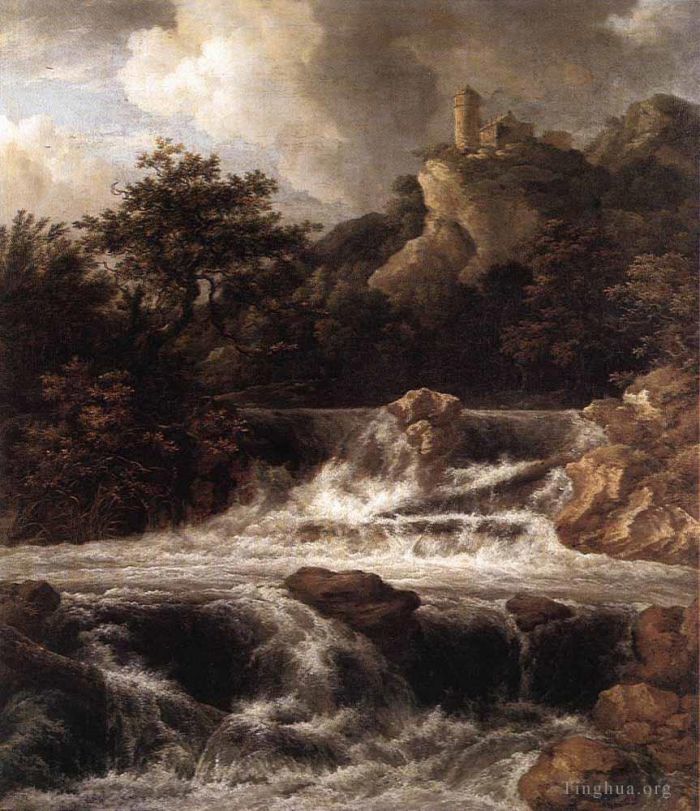 Jacob van Ruisdael Oil Painting - Waterfall With Castle Built On The Rock