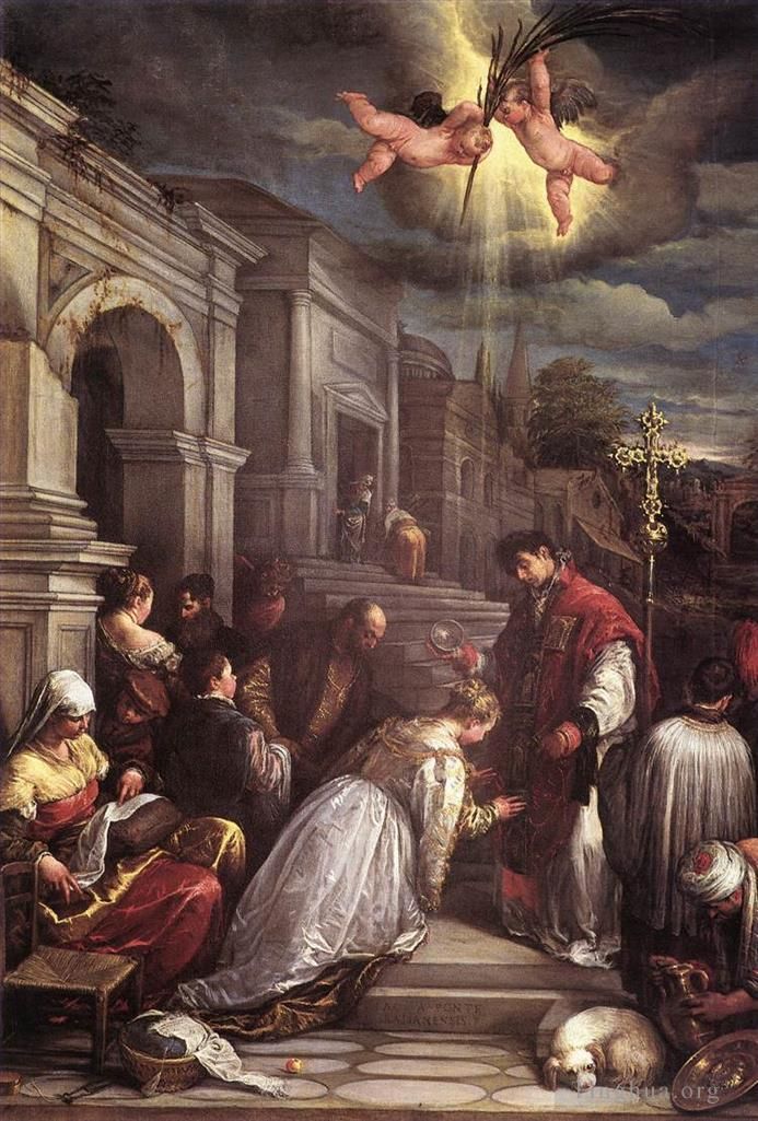 Jacopo Bassano Oil Painting - St valentine Baptizing St Lucilla