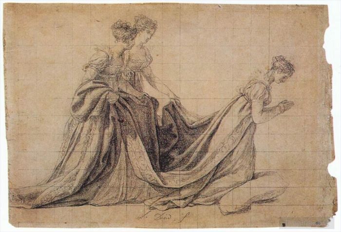 Jacques-Louis David Various Paintings - The Empress Josephine Kneeling with Mme de la Rochefoucauld and Mme de la Val
