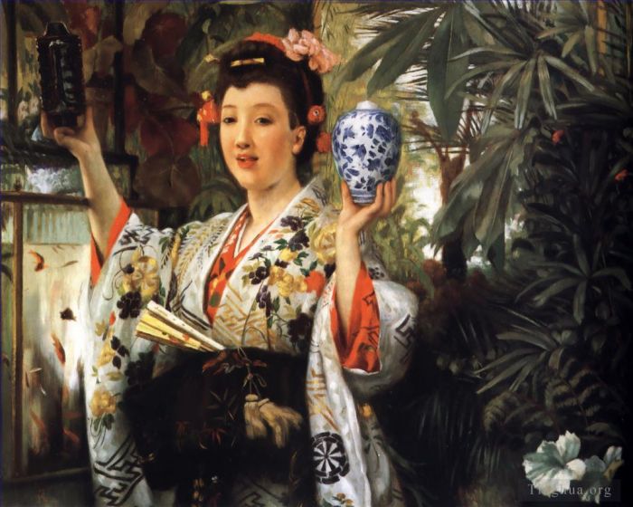 James Tissot Oil Painting - Young Lady Holding Japanese Objects