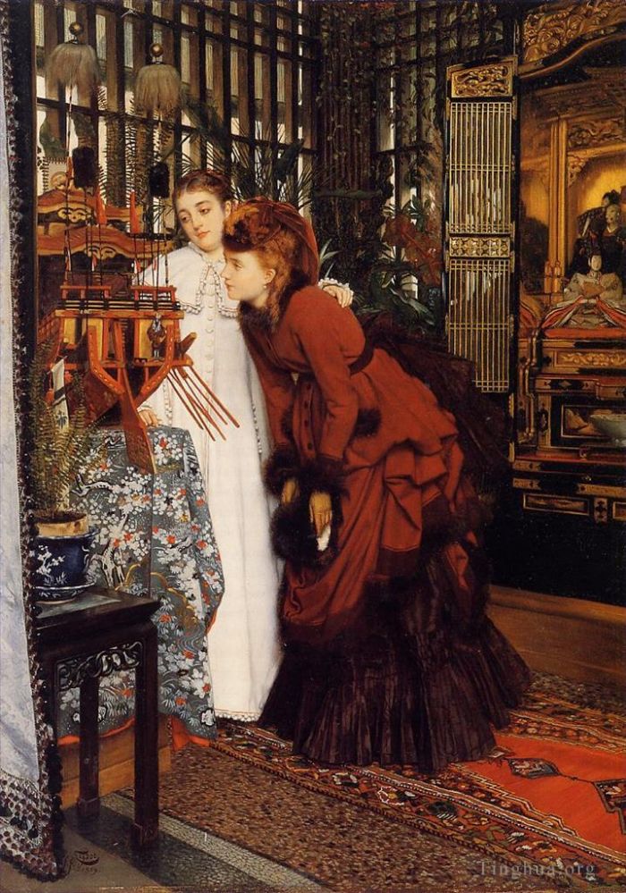 James Tissot Oil Painting - Young Women Looking at Japanese Objects