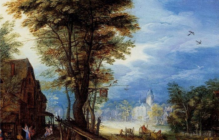 Jan Brueghel the Elder Oil Painting - A Village Street With The Holy Family Arriving At An Inn detail