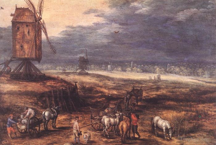 Jan Brueghel the Elder Oil Painting - Landscape With Windmills