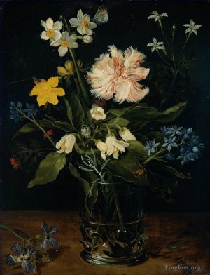 Artist Jan Brueghel the Elder's Work - Still Life with Flowers in a Glass