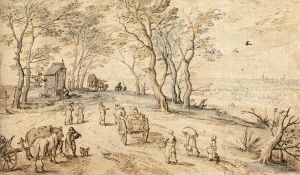 Antique Various Paintings - Villagers On Their Way To Market