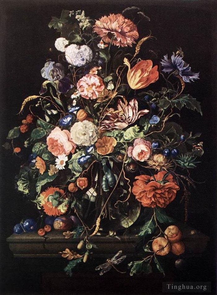 Jan Davidsz de Heem Oil Painting - Flowers In Glass And Fruits