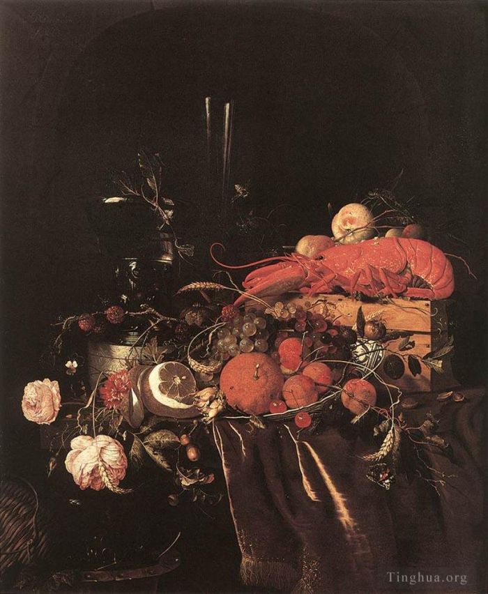 Jan Davidsz de Heem Oil Painting - Still Life With Fruit Flowers Glasses And Lobster Jan Davidsz de Heem