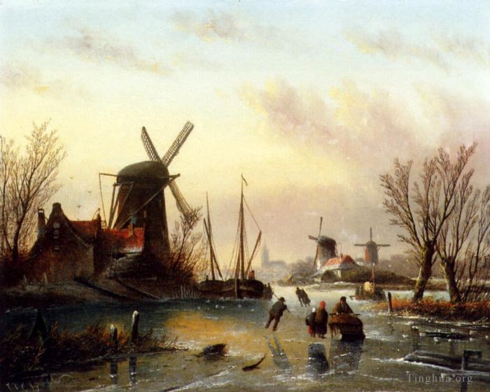 Jan Jacob Coenraad Spohler Oil Painting - A Frozen River Landscape