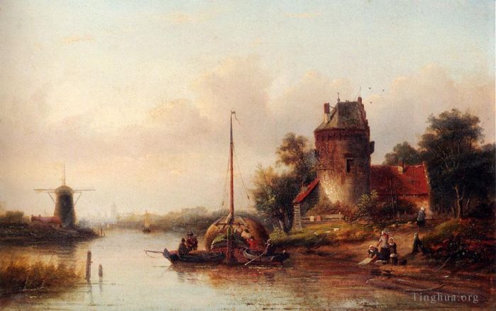 Jan Jacob Coenraad Spohler Oil Painting - A River Landscape In Summer With A Moored Haybarge By A Fortified Farmhouse Jan Jacob Coenraad Spohler