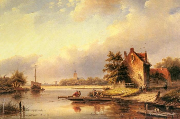 Jan Jacob Coenraad Spohler Oil Painting - A Summers Day At The Ferry Crossing