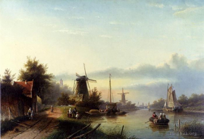 Jan Jacob Coenraad Spohler Oil Painting - Boats On A Dutch Canal