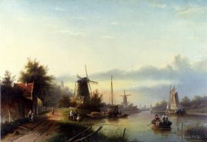 Artist Jan Jacob Coenraad Spohler's Work - Boats On A Dutch Canal