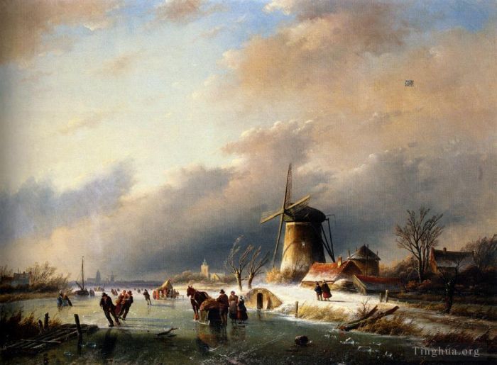 Jan Jacob Coenraad Spohler Oil Painting - Figures Skating on a Frozen River