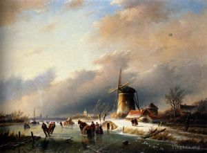 Artist Jan Jacob Coenraad Spohler's Work - Figures Skating on a Frozen River
