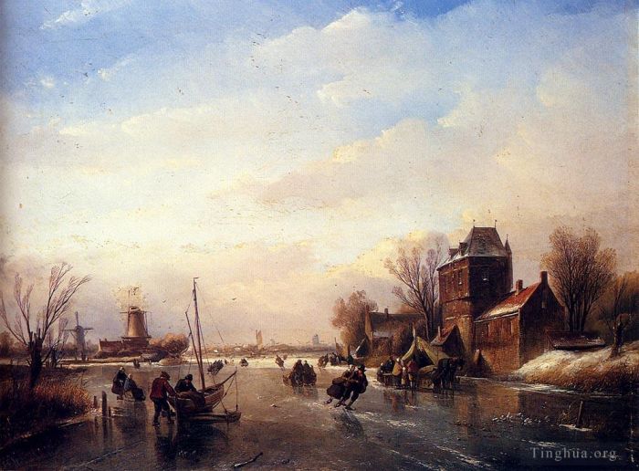 Jan Jacob Coenraad Spohler Oil Painting - Skaters On A Frozen River