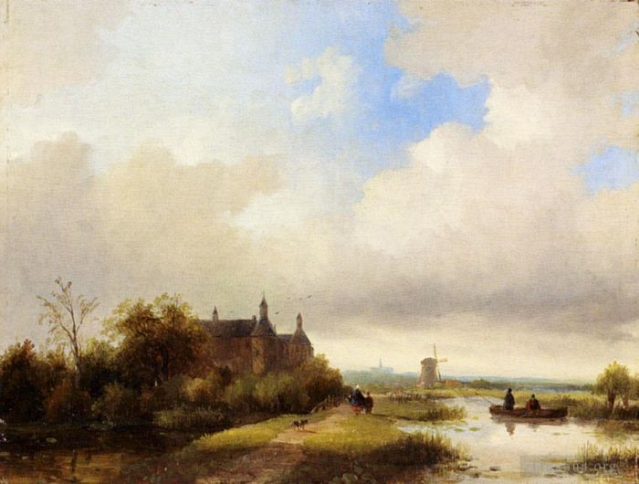 Jan Jacob Coenraad Spohler Oil Painting - Travellers On A Path Haarlem In The Distance