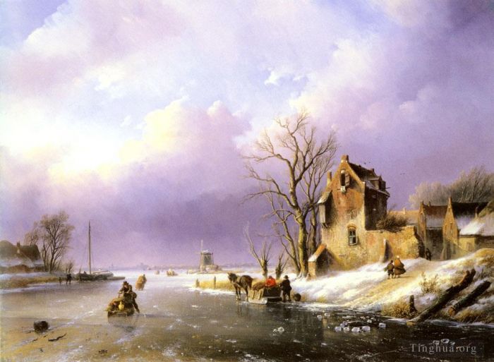Jan Jacob Coenraad Spohler Oil Painting - Winter landscape With Figures On A Frozen River