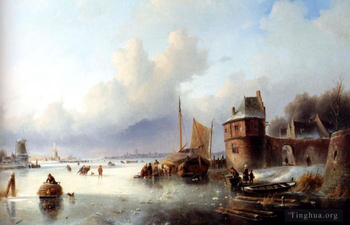 Jan Jacob Coenraad Spohler Oil Painting - Jacob A Winter Landscape With Numerous Skaters On A Frozen Waterway