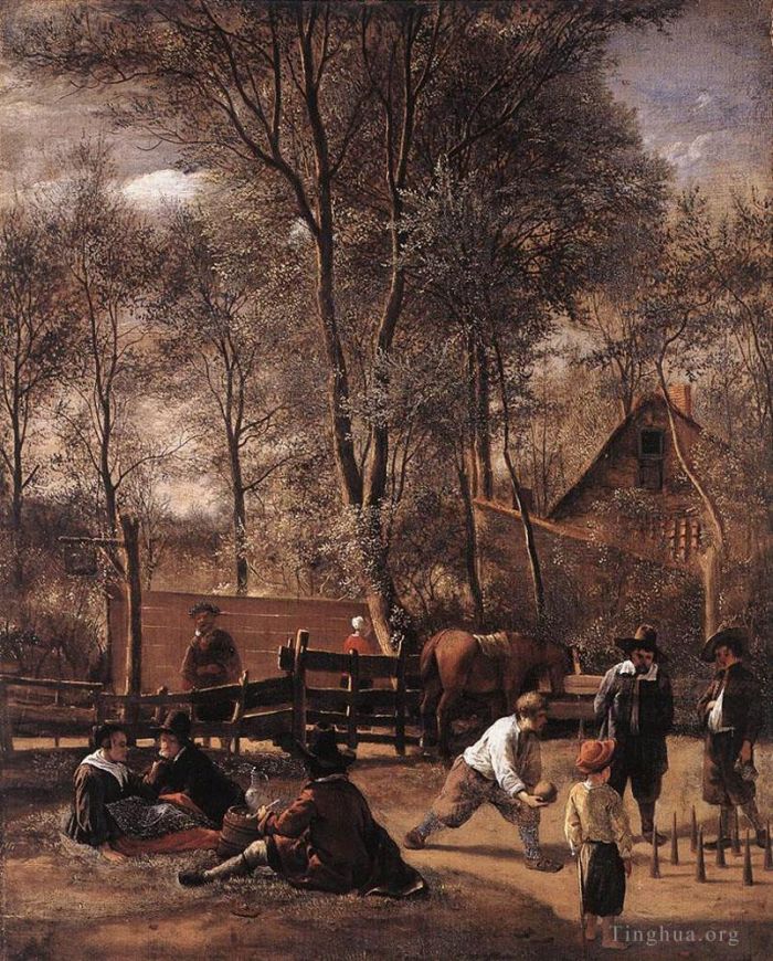 Jan Havickszoon Steen Oil Painting - Skittle Players Outside An Inn