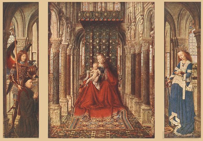 Jan van Eyck Oil Painting - Dresden Triptych (Virgin and Child with St Michael and St Catherine and a Donor or Triptych of the Virgin and Child)