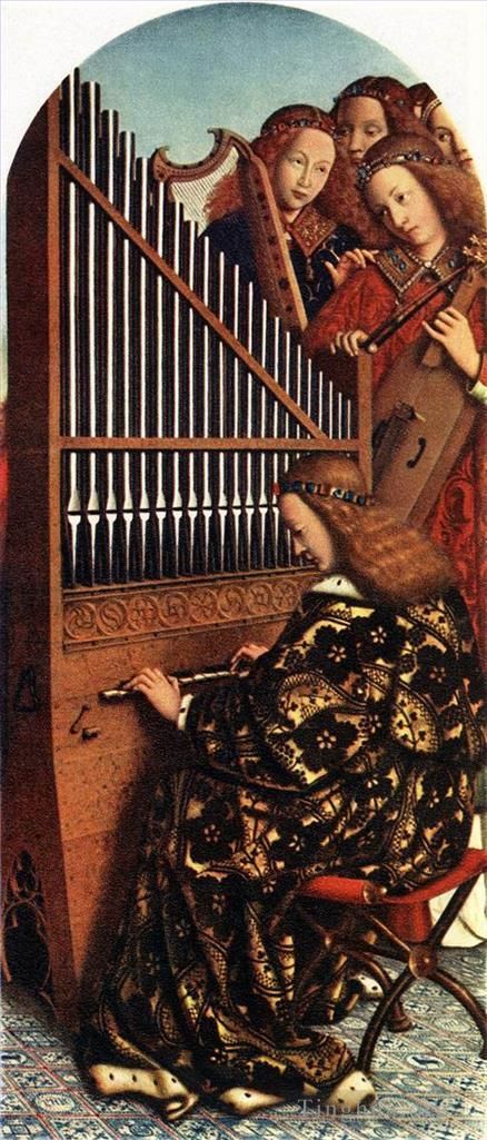 Jan van Eyck Oil Painting - The Ghent Altarpiece Angels Playing Music