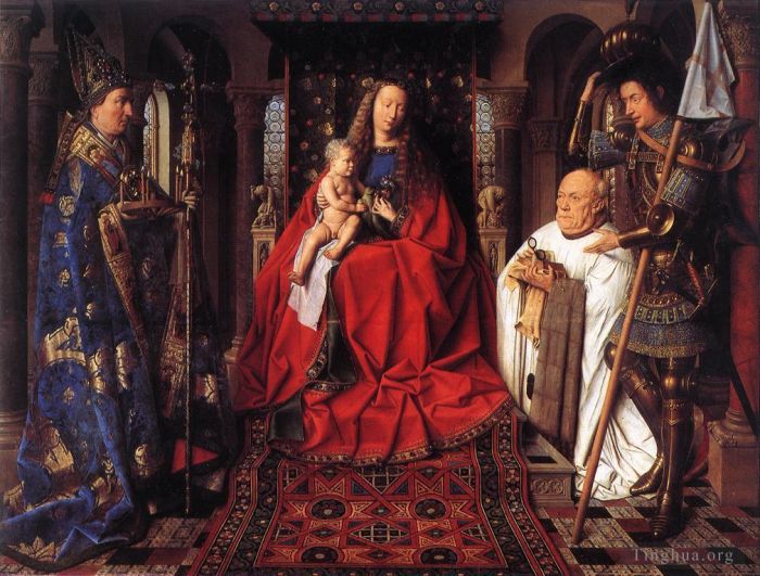 Jan van Eyck Oil Painting - The Madonna with Canon van der Paele