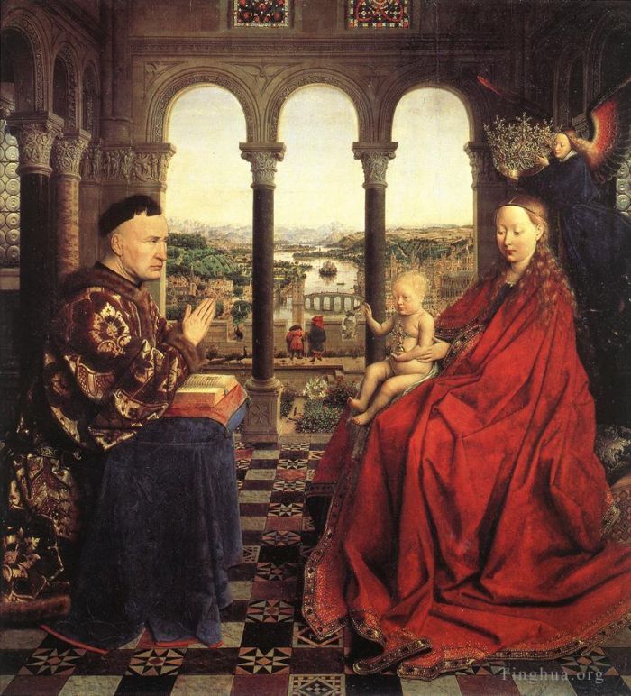 Jan van Eyck Oil Painting - The Virgin of Chancellor Rolin