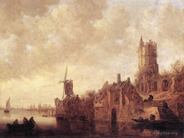 Jan Josephszoon van Goyen Oil Painting - River Landscape with a Windmill and a Ruined Castle