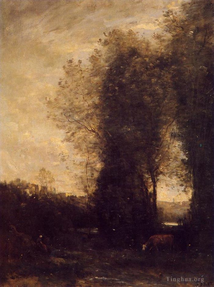 Jean-Baptiste-Camille Corot Oil Painting - A Cow and its Keeper
