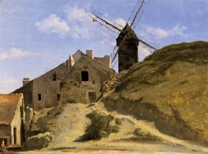 Jean-Baptiste-Camille Corot Oil Painting - A Windmill in Montmartre