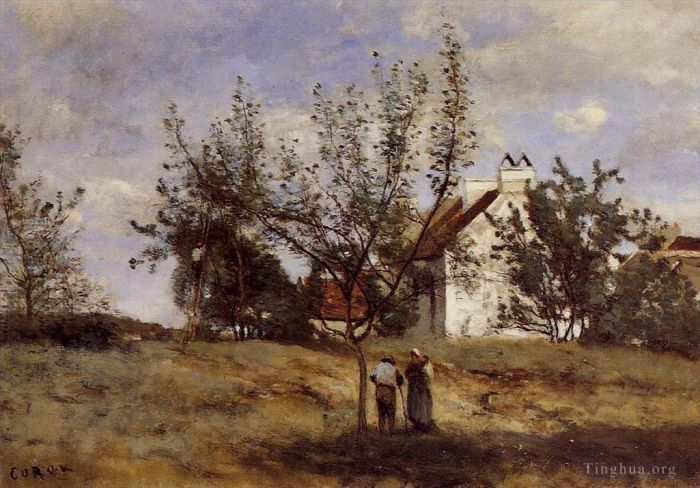 Jean-Baptiste-Camille Corot Oil Painting - An Orchard at Harvest Time