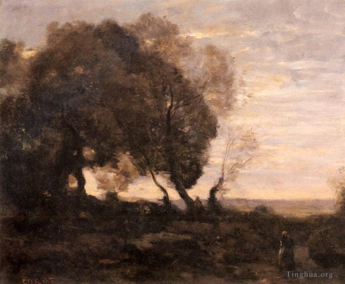 Jean-Baptiste-Camille Corot Oil Painting - Arbres Tordus Sur Une Crete