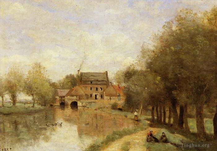 Jean-Baptiste-Camille Corot Oil Painting - Arleux du Nord the Drocourt Mill on the Sensee