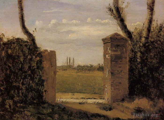 Jean-Baptiste-Camille Corot Oil Painting - Boid Guillaumi near Rouen A Gate Flanked by Two Posts