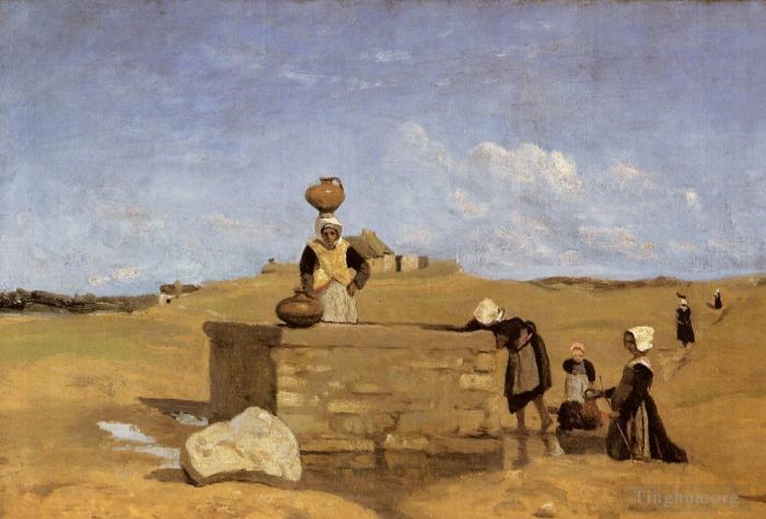 Jean-Baptiste-Camille Corot Oil Painting - Breton Women at the Fountain