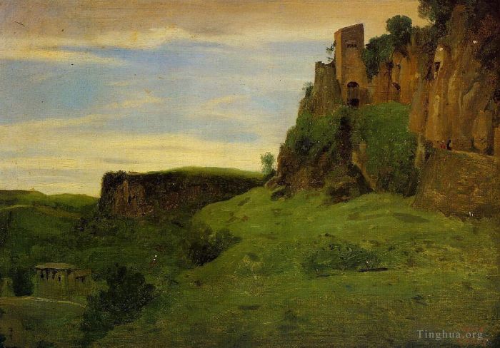 Jean-Baptiste-Camille Corot Oil Painting - Civita Castelland Buildings High in the Rocks aka La Porta San Salvatore